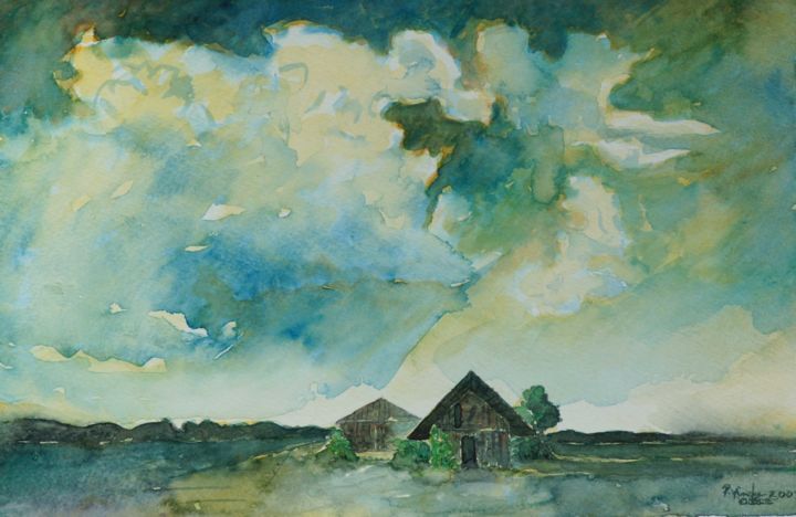 Pintura titulada "House In The Fields" por Pracha Yindee, Obra de arte original, Acuarela