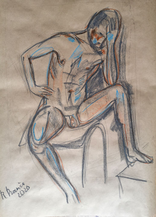 Drawing titled "Body study of Ruslan" by Rita Pranca, Original Artwork, Chalk
