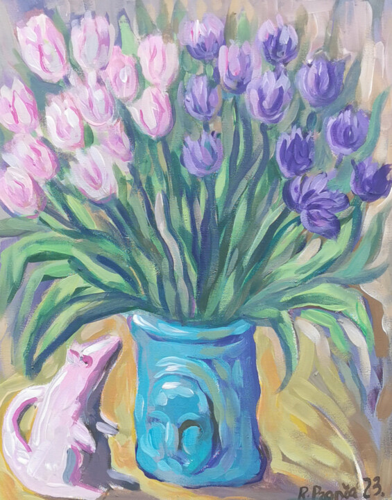 Painting titled "Tulips and pink rat" by Rita Pranca, Original Artwork, Acrylic Mounted on Wood Stretcher frame