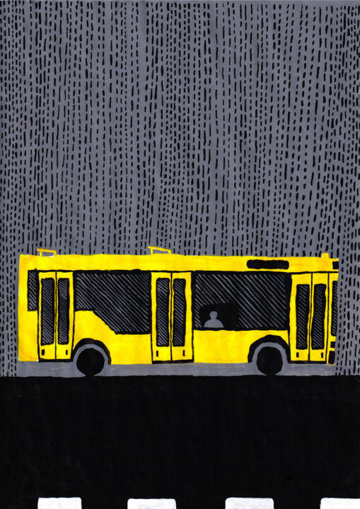 Painting titled "Yellow bus-2" by Volha Prankevich, Original Artwork, Acrylic