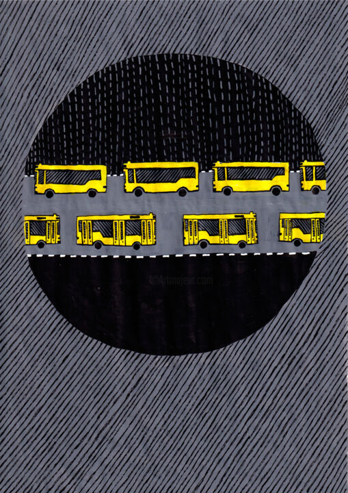 Painting titled "Yellow bus-7" by Volha Prankevich, Original Artwork, Gel pen