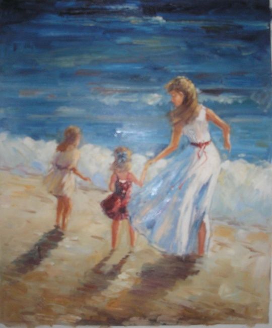 Painting titled "Mother with kids on…" by Prasana Sahu, Original Artwork