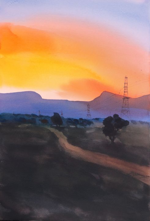 Painting titled "Breaking dawn" by Prashant Prabhu, Original Artwork, Watercolor