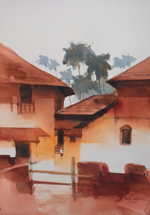 Malarstwo zatytułowany „Deep into Honnavar…” autorstwa Prashant Prabhu, Oryginalna praca, Akwarela