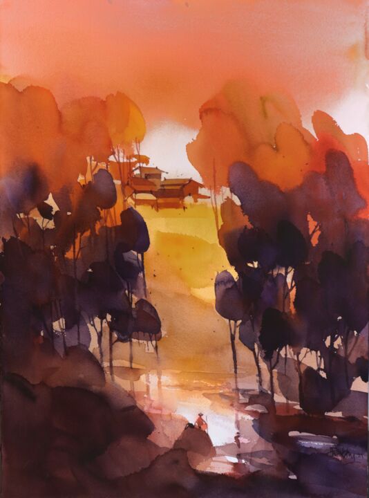 Pintura titulada "Warm hues of quietu…" por Prashant Prabhu, Obra de arte original, Acuarela