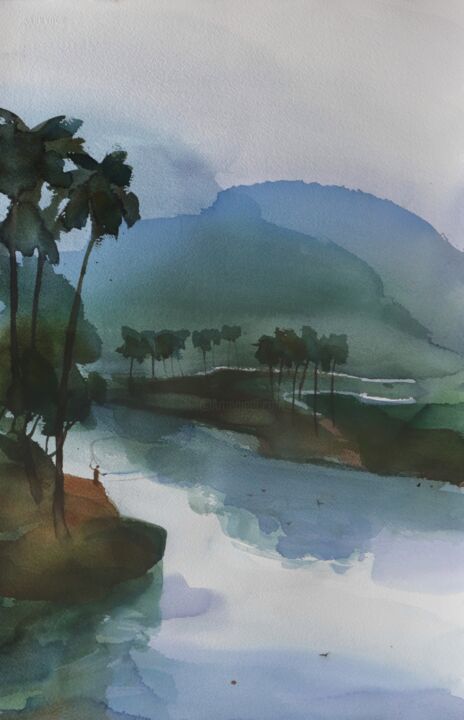 Peinture intitulée "Fishing for quietude" par Prashant Prabhu, Œuvre d'art originale, Aquarelle