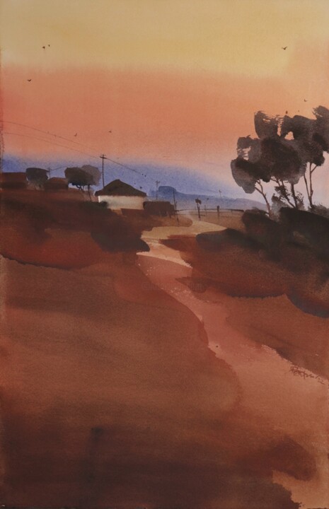 Malarstwo zatytułowany „Earth red dawn 2” autorstwa Prashant Prabhu, Oryginalna praca, Akwarela