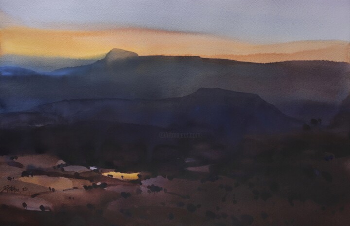 Painting titled "Last spark of sunsh…" by Prashant Prabhu, Original Artwork, Watercolor