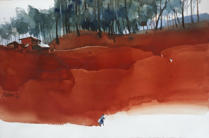 Painting titled "Layers of Earth red" by Prashant Prabhu, Original Artwork, Watercolor