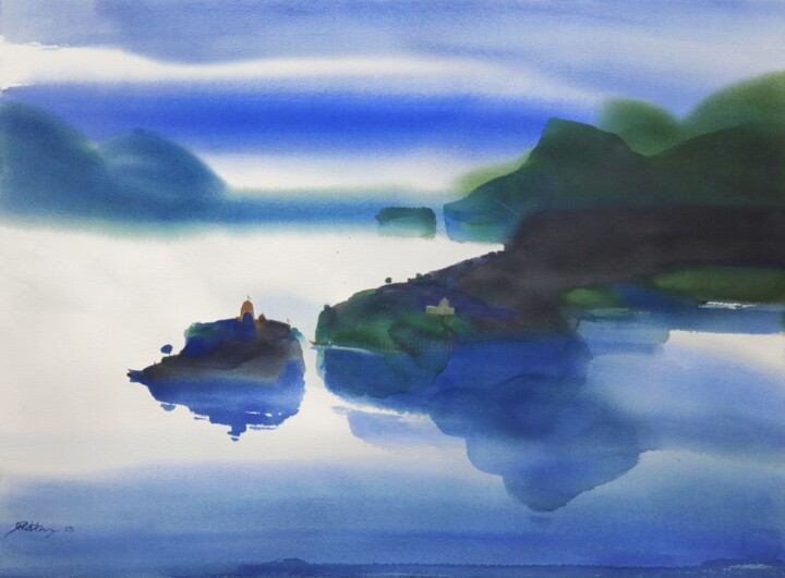 Schilderij getiteld "Tranquil waters spa…" door Prashant Prabhu, Origineel Kunstwerk, Aquarel