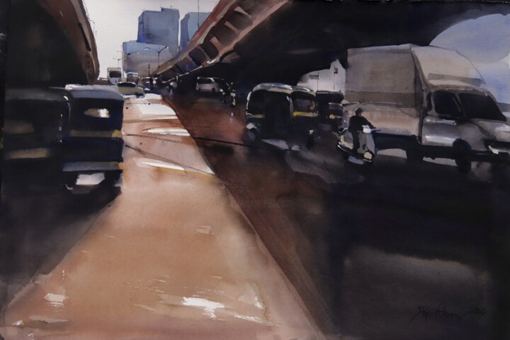 Painting titled "Mumbai traffic wint…" by Prashant Prabhu, Original Artwork, Watercolor