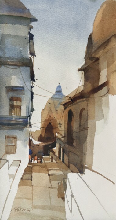 Painting titled "Lanes narrow, templ…" by Prashant Prabhu, Original Artwork, Watercolor