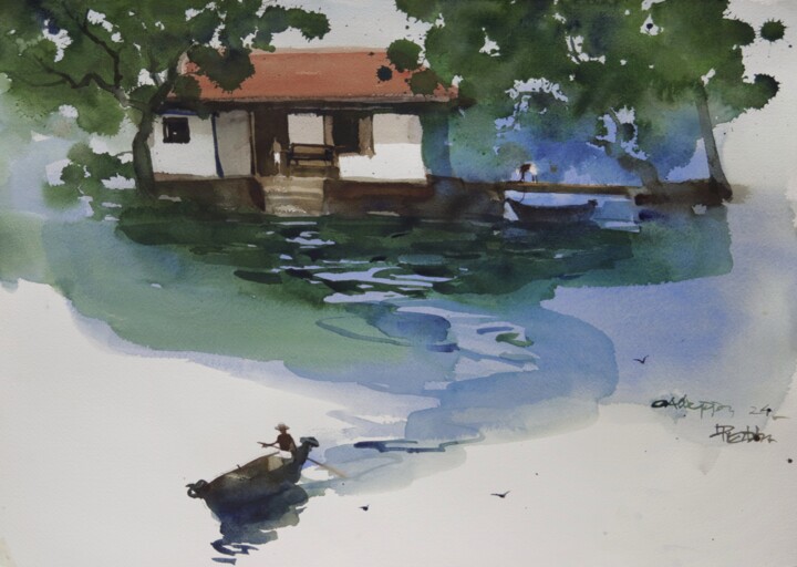 Painting titled "Neighbours on the o…" by Prashant Prabhu, Original Artwork, Watercolor