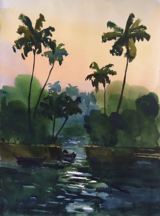Painting titled "Twilight mooring in…" by Prashant Prabhu, Original Artwork, Watercolor