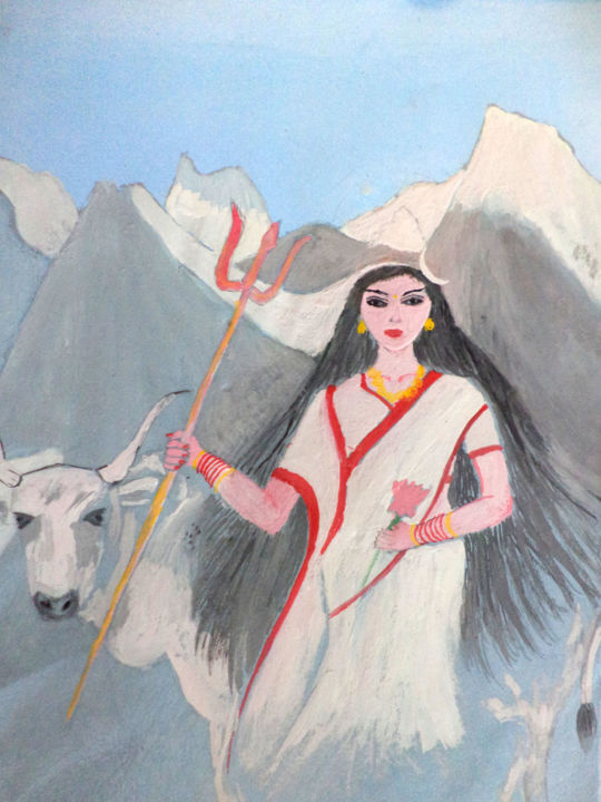 Malerei mit dem Titel "Shailputri" von Pratyasha, Original-Kunstwerk, Öl