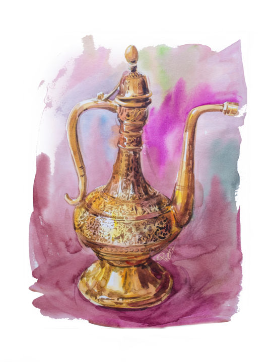 Картина под названием "Dallah, Arab tradit…" - Prem Chokli, Подлинное произведение искусства, Акварель