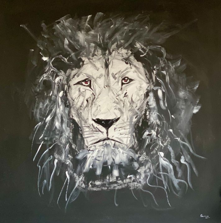 Painting titled "Black & White Lion" by Xav Premier, Original Artwork, Acrylic
