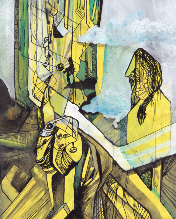 Dibujo titulada "Paisaje amarillo" por Juan Britos, Obra de arte original, Tinta Montado en Bastidor de camilla de madera