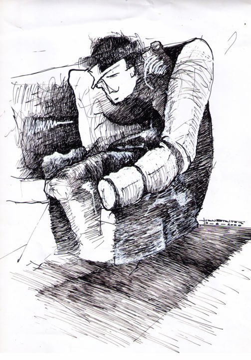 Tekening getiteld "El hombre del sillon" door Juan Britos, Origineel Kunstwerk, Inkt