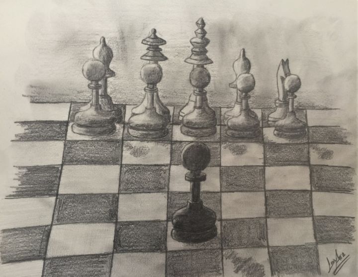 Desenho intitulada "satranç(tek başına)" por Celi̇L Ağa, Obras de arte originais, Carvão