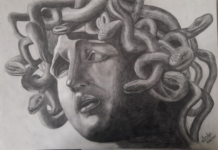 Drawing titled "medusa" by Celi̇L Ağa, Original Artwork, Charcoal