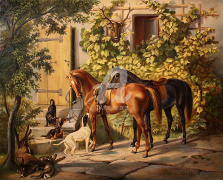Painting titled "Horses at the Porch" by Vadim Prikota, Original Artwork, Oil