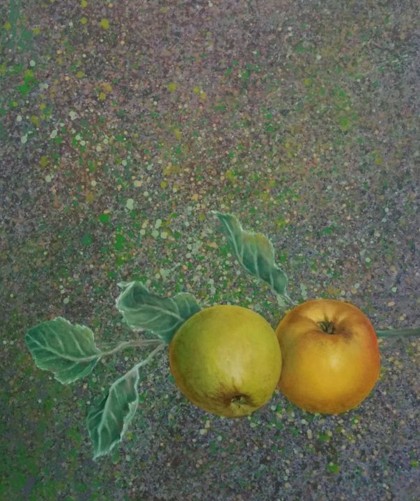Peinture intitulée "Deux pommes jaunes" par Primavera Renard, Œuvre d'art originale, Huile