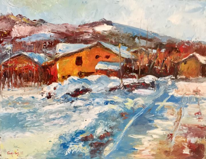 Painting titled "Nevicata a Casalgra…" by Primo Canepari, Original Artwork, Oil