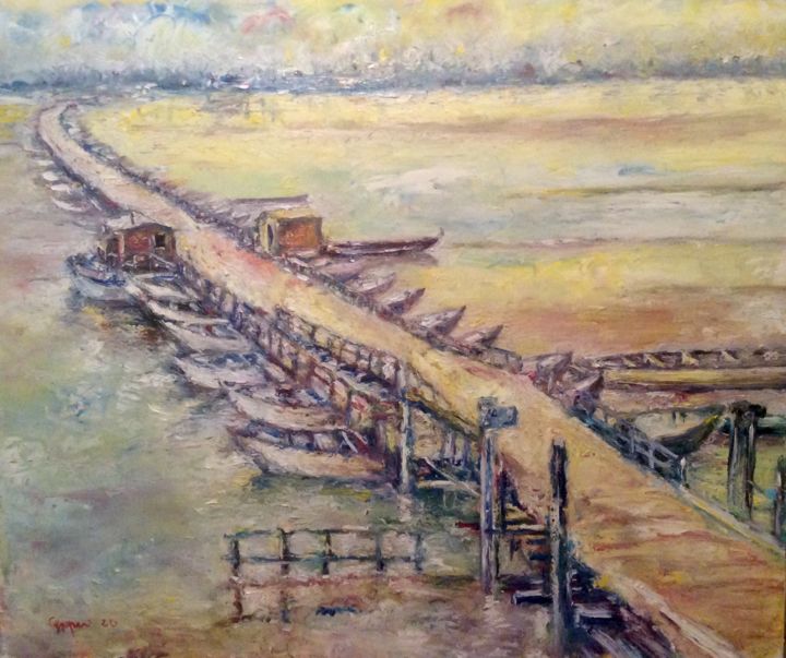 绘画 标题为“Il ponte sul po” 由Primo Canepari, 原创艺术品, 油