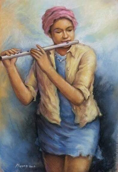 Painting titled "Flutiste" by Prince Muana, Original Artwork, Pastel