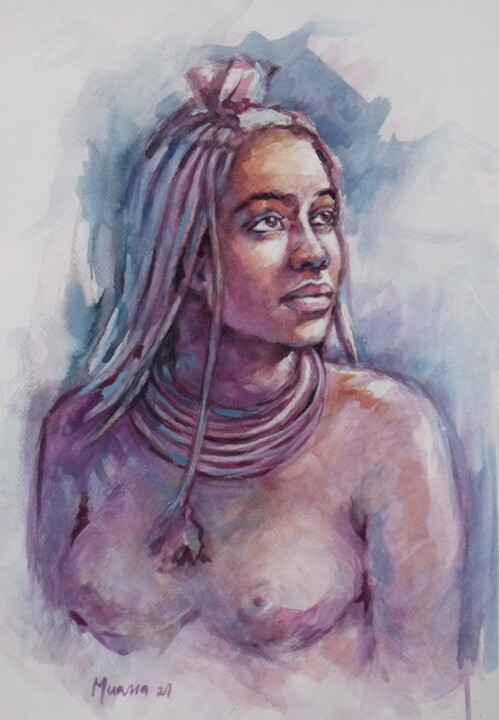 Pintura titulada "Jeune fille HIMBA" por Prince Muana, Obra de arte original, Acuarela