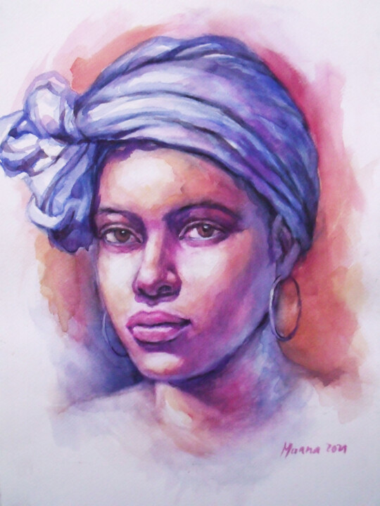 Painting titled "Beauté africaine" by Prince Muana, Original Artwork, Watercolor Mounted on Other rigid panel