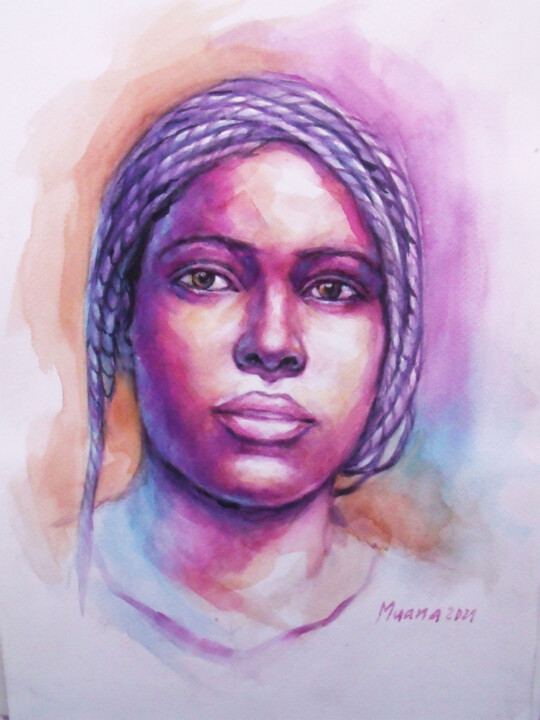 Painting titled "Tresse africaine" by Prince Muana, Original Artwork, Watercolor Mounted on Other rigid panel