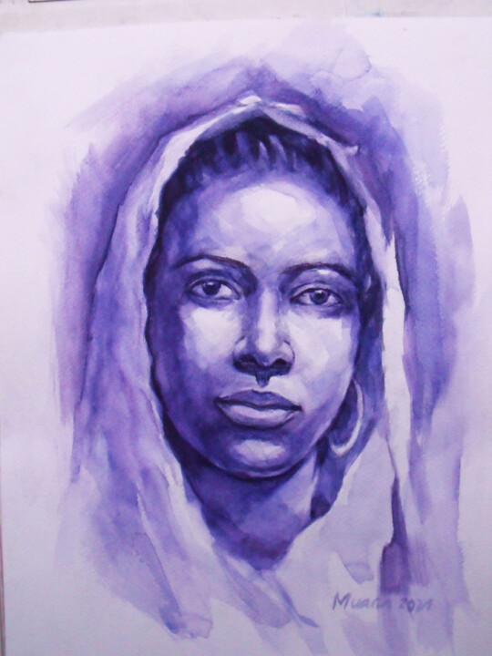 Painting titled "Blue" by Prince Muana, Original Artwork, Watercolor Mounted on Cardboard