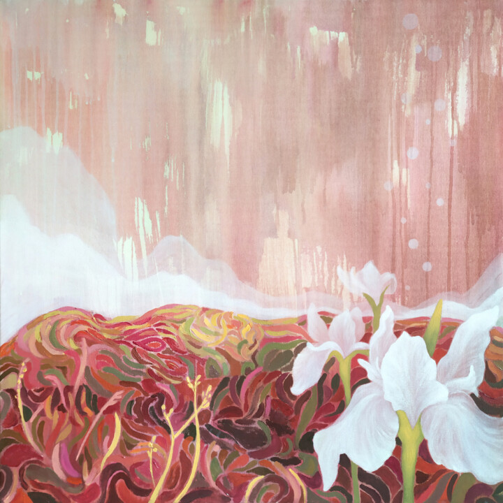 Painting titled "White Irises Dream…" by Ekaterina Prisich, Original Artwork, Acrylic Mounted on Wood Stretcher frame