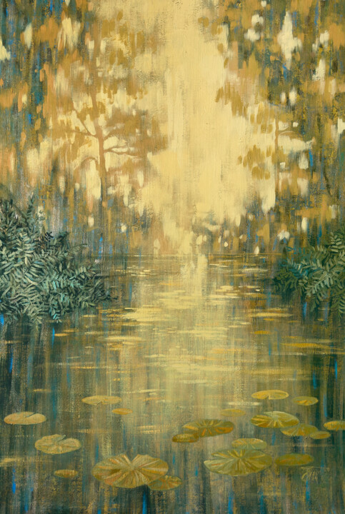 Painting titled "FOREST POND UNDER G…" by Ekaterina Prisich, Original Artwork, Acrylic