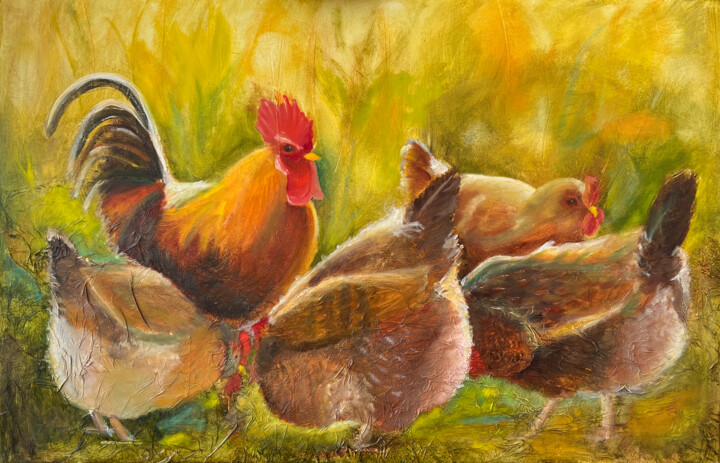 Malerei mit dem Titel "Hühnerschar" von Priska Heri Monjé, Original-Kunstwerk, Öl
