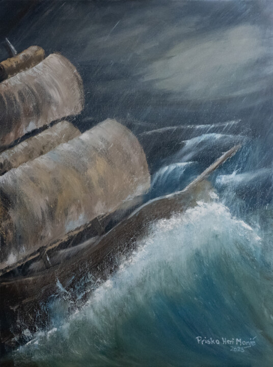 Malerei mit dem Titel "Schwere See" von Priska Heri Monjé, Original-Kunstwerk, Öl