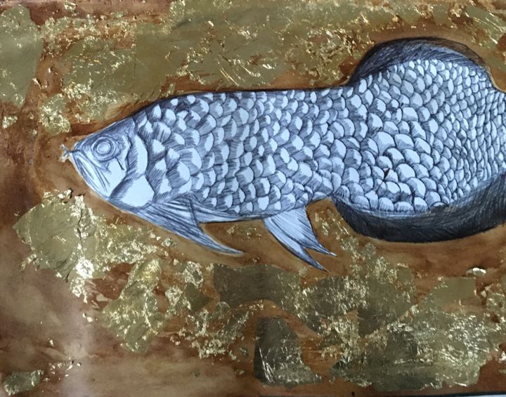 Malerei mit dem Titel "My pet fish arowana" von Broken God, Original-Kunstwerk, Acryl