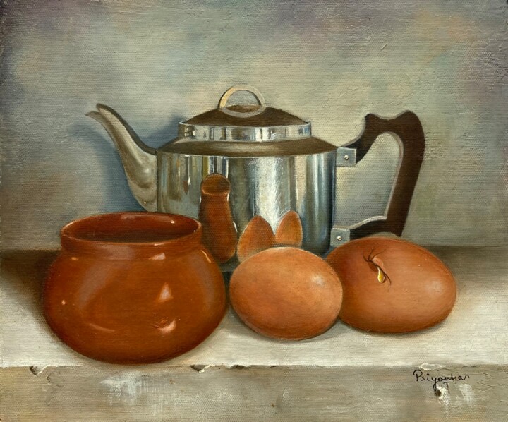 Painting titled "Teapot & Eggs" by Priyanka Singh, Original Artwork, Oil