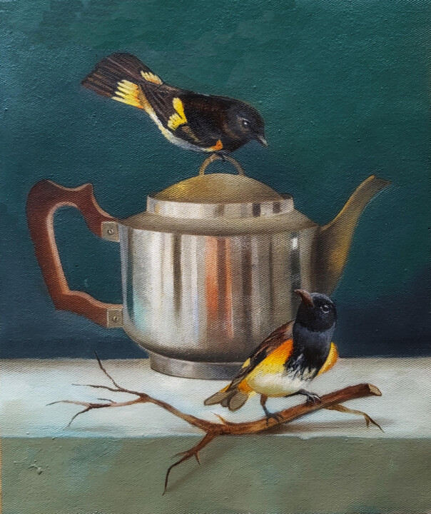 Schilderij getiteld "Teapot & Birds" door Priyanka Singh, Origineel Kunstwerk, Olie