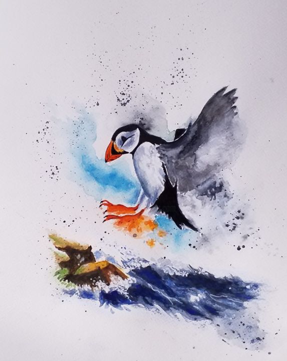 Painting titled "Puffin. Landing on…" by Valentina Procenko, Original Artwork, Watercolor