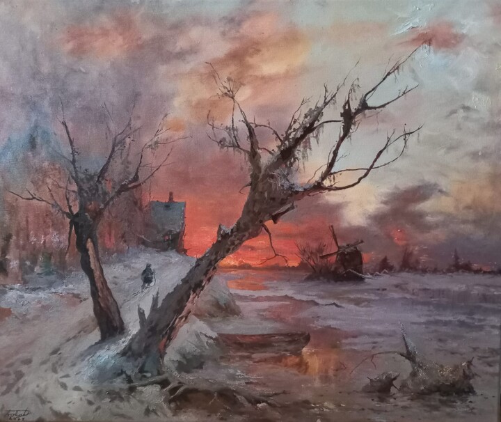 Pittura intitolato "Winter landscape wi…" da Prokaj Dávid, Opera d'arte originale, Olio