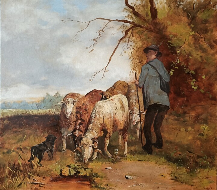 Schilderij getiteld "Guarding sheep" door Prokaj Dávid, Origineel Kunstwerk, Olie