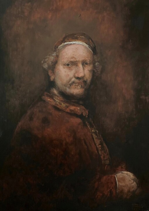 Painting titled "Rembrandt portrait…" by Prokaj Dávid, Original Artwork, Oil Mounted on Wood Stretcher frame