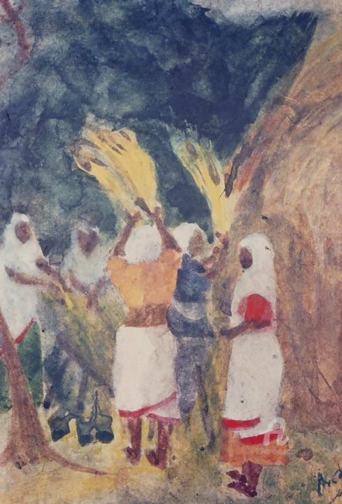 Painting titled "Paddy Threshing" by Prodip Kumar Sengupta, Original Artwork, Watercolor
