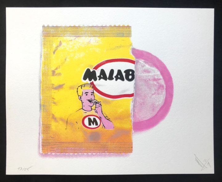 Printmaking titled "Malabar Condom" by Canned, Original Artwork, Screenprinting Mounted on Cardboard