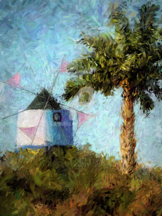 Digitale Kunst mit dem Titel "Algarve - Windmühle" von Horst Rosenberger, Original-Kunstwerk, Digitale Malerei