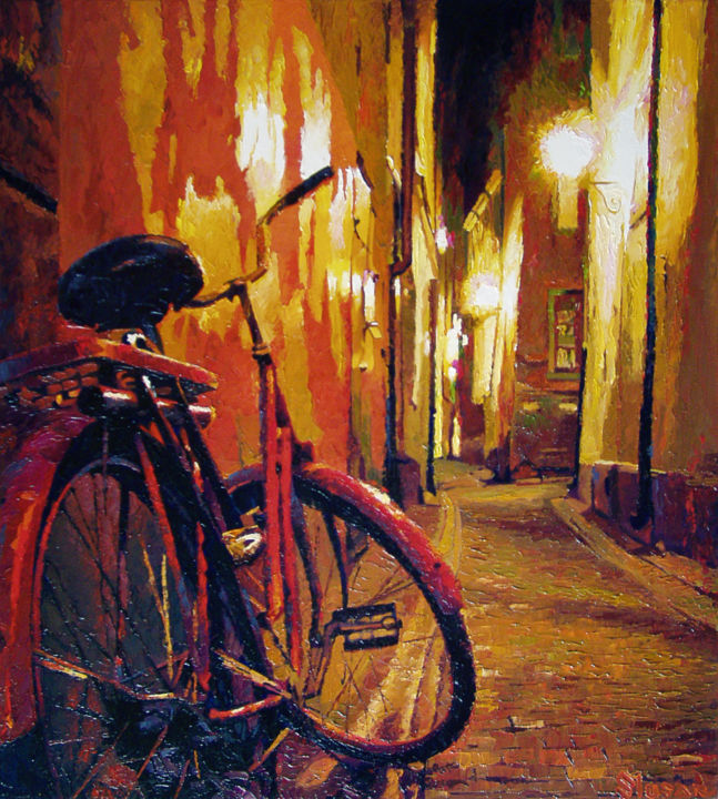 Peinture intitulée "Night bike" par Alexey Slusar, Œuvre d'art originale, Huile