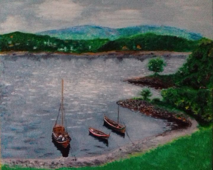 Pintura intitulada "Пейзаж с лодками." por Olga Fakhrutdinova, Obras de arte originais, Óleo